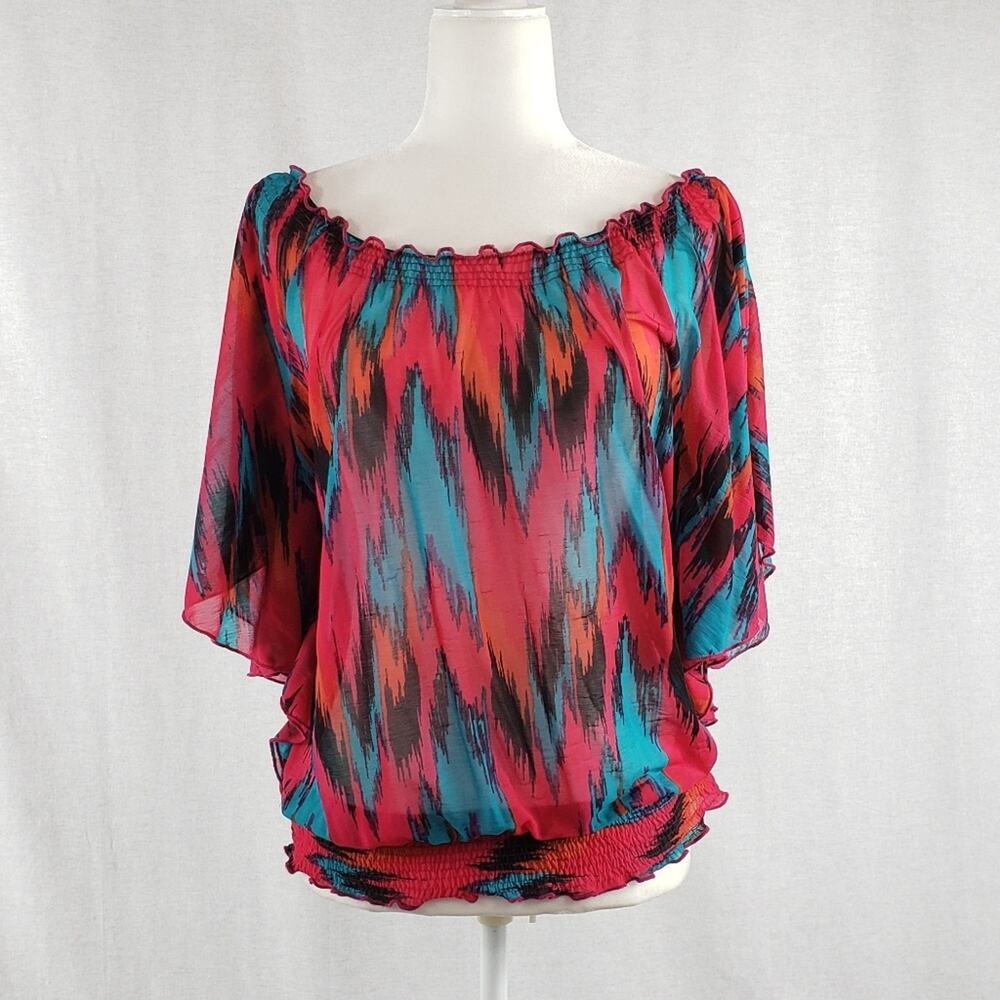 INC Off The Shoulder Blouse Women M Fuchsia Teal Semi Sheer Ikat Smocked